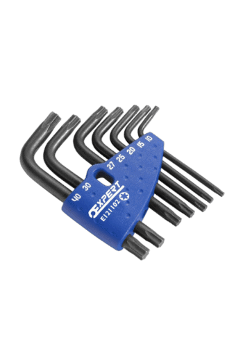 Set of 7 Torx keys with blue holder, used for precise screw driving in mechanical and automotive tasks.