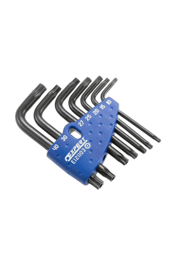 Set of seven Tamper Torx keys with a blue holder, varying sizes from T10 to T30, for precise screw driving tasks.