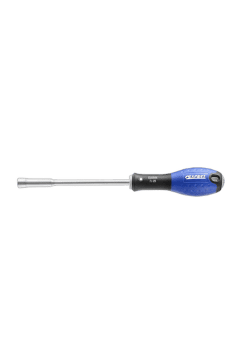 Facom nut driver with a blue and black handle and a long metal shaft, ideal for automotive and mechanical tasks.