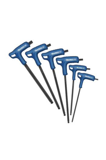 Set of Facom 6 Tee-Handle Hex Ball Keys E121616 in blue with black shafts for precise hexagon screw driving.