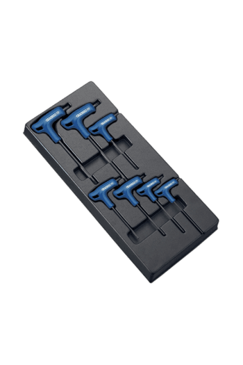 Facom 7-piece expert P-shaped Torx screwdriver set with blue handles in a black storage case.