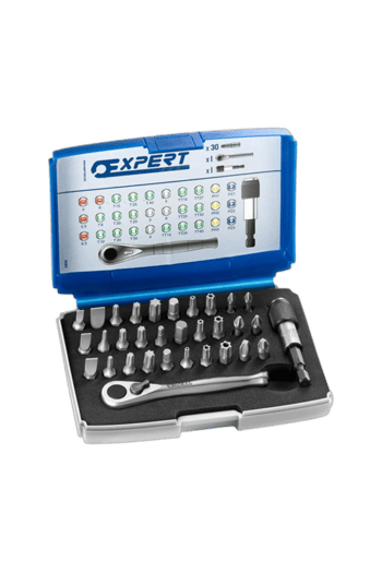 Expert 30-piece screwdriver set with bits and accessories in a blue case, ideal for precision work and repairs.