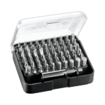 Set of 61 Facom 1/4 inch drive screwdriver bits in a transparent plastic case for versatile repair work.