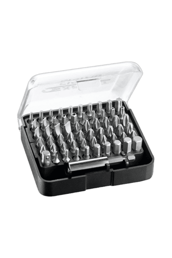 Set of 61 Facom 1/4 inch drive screwdriver bits in a transparent plastic case for versatile repair work.