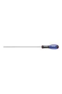 Precision screwdriver with a blue handle and a long metal shaft, ideal for detailed mechanical work and electronics repair.