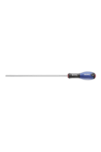 Precision screwdriver with a blue handle and a long metal shaft, ideal for detailed mechanical work and electronics repair.