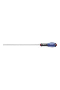 Facom slotted screwdriver with ergonomic handle and long metal shaft for precision screwdriving tasks.