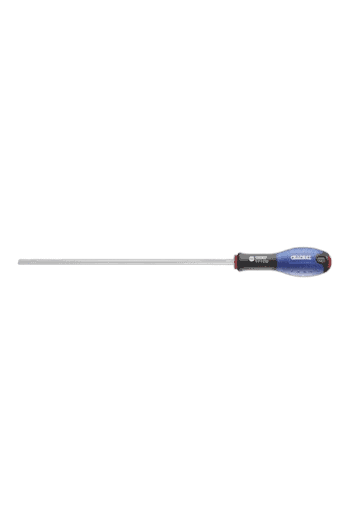Facom slotted screwdriver with ergonomic handle and long metal shaft for precision screwdriving tasks.
