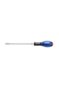 Blue and black screwdriver with a long metal shaft, ideal for precision work in racewear maintenance.