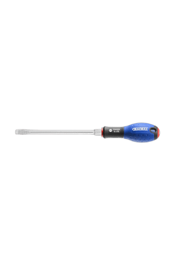 Blue and black screwdriver with a long metal shaft, ideal for precision work in racewear maintenance.