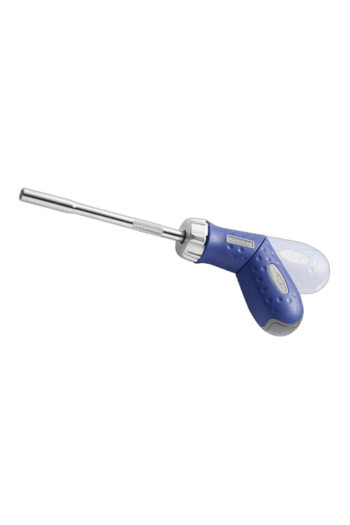 Medical syringe with a blue and white handle and a long, thin needle for precise injections.