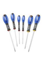 Set of six precision screwdrivers with blue and black handles, ideal for electronics and detailed repairs.