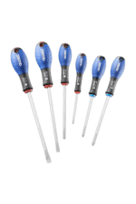 Set of six precision screwdrivers with blue handles and metal shafts, ideal for electronics and detailed repair work.