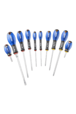 Set of precision screwdrivers with blue and black handles, ideal for electronics and detailed repair work.