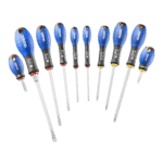 Set of precision screwdrivers with blue handles, ideal for automotive and racing repairs, from Grand Prix Racewear.