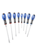 Set of precision screwdrivers with blue handles and black shafts, ideal for detailed mechanical work and electronics repair.
