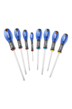 Set of precision screwdrivers with blue handles and metal shafts, ideal for electronics and detailed repair work.