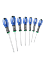 Set of seven precision screwdrivers with blue handles and black shafts, ideal for electronics and detailed repair work.