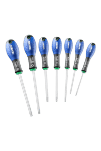 Set of seven precision screwdrivers with blue handles and black shafts, ideal for electronics and detailed repair work.
