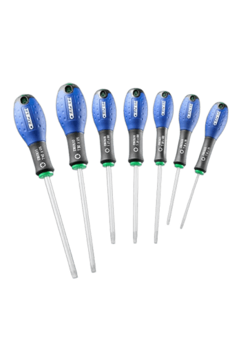 Set of seven precision screwdrivers with blue handles and black shafts, ideal for electronics and detailed repair work.