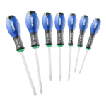 Set of Facom screwdrivers with blue handles and metal shafts, ideal for precision work and repair tasks.
