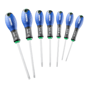 Set of Facom screwdrivers with blue handles and metal shafts, ideal for precision work and repair tasks.