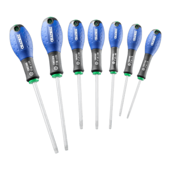 Set of Facom screwdrivers with blue handles and metal shafts, ideal for precision work and repair tasks.