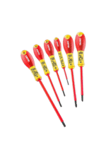 Set of seven insulated screwdrivers with red and yellow handles, ideal for electrical work and precision tasks.