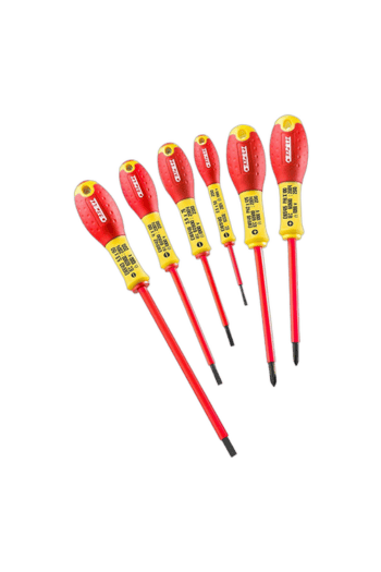Set of seven insulated screwdrivers with red and yellow handles, ideal for electrical work and precision tasks.