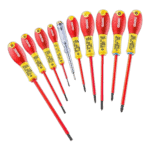 Set of Facom insulated screwdrivers with red and yellow handles, ideal for electrical work and safety.