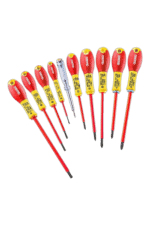 Set of Facom insulated screwdrivers with red and yellow handles, ideal for electrical work and safety.