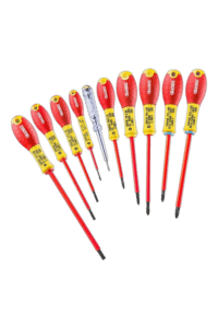 Set of Facom insulated screwdrivers with red and yellow handles, ideal for electrical work and safety.