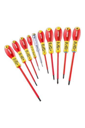 Set of Facom insulated screwdrivers with red and yellow handles, ideal for electrical work and safety.