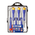 Set of six Facom micro screwdrivers with blue handles and yellow tips in clear plastic case.
