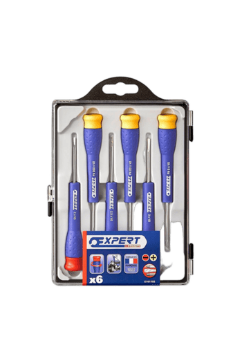 Set of six Facom micro screwdrivers with blue handles and yellow tips in clear plastic case.