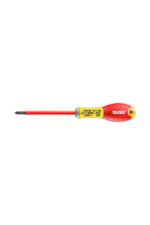Precision screwdriver with red handle and yellow label, ideal for electronics and detailed work, from Grand Prix Racewear.