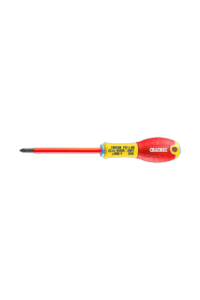 Precision screwdriver with red handle and yellow label, ideal for electronics and detailed work, from Grand Prix Racewear.