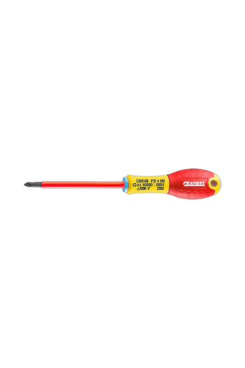 Precision screwdriver with red handle and yellow label, ideal for electronics and detailed work, from Grand Prix Racewear.