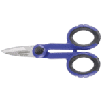 Compact blue and black scissors with rounded handles and sharp blades, ideal for precise cutting tasks.