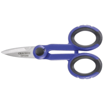 Compact blue and black scissors with rounded handles and sharp blades, ideal for precise cutting tasks.
