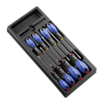 Set of five Facom screwdrivers with blue handles in a black plastic case, suitable for precision work.