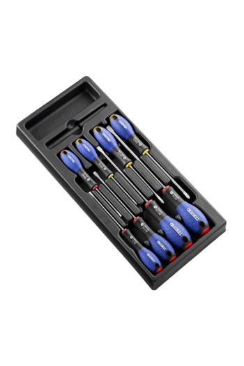 Set of five Facom screwdrivers with blue handles in a black plastic case, suitable for precision work.