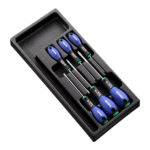 Set of four Facom screwdrivers with blue and black handles in a black plastic case, suitable for precision work.