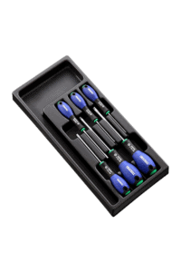 Set of four Facom screwdrivers with blue and black handles in a black plastic case, suitable for precision work.
