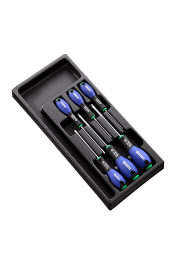 Set of four Facom screwdrivers with blue and black handles in a black plastic case, suitable for precision work.