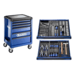Facom Essential Master Tool Set with 123 tools in blue and black, including screwdrivers, pliers, and wrenches, displayed in open cases and a mobile tool cabinet.