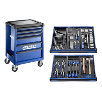 Facom Essential Master Tool Set with 123 tools in blue and black, including screwdrivers, pliers, and wrenches, displayed in open cases and a mobile tool cabinet.