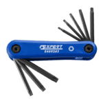 Expert folding set of 8 Torx keys in a compact blue tool with black tips, ideal for precision work and versatile applications.