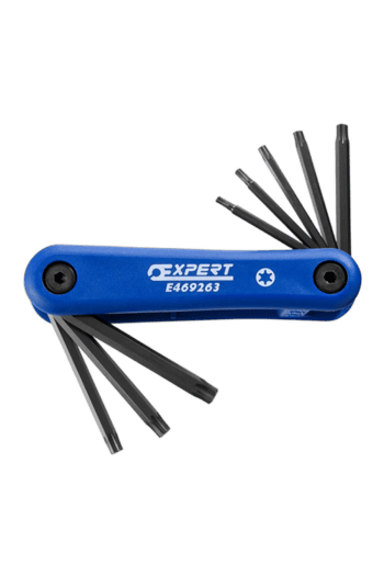 Expert folding set of 8 Torx keys in a compact blue tool with black tips, ideal for precision work and versatile applications.