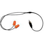 Black and orange earplugs with a black cord, designed for noise reduction in motorsport environments.